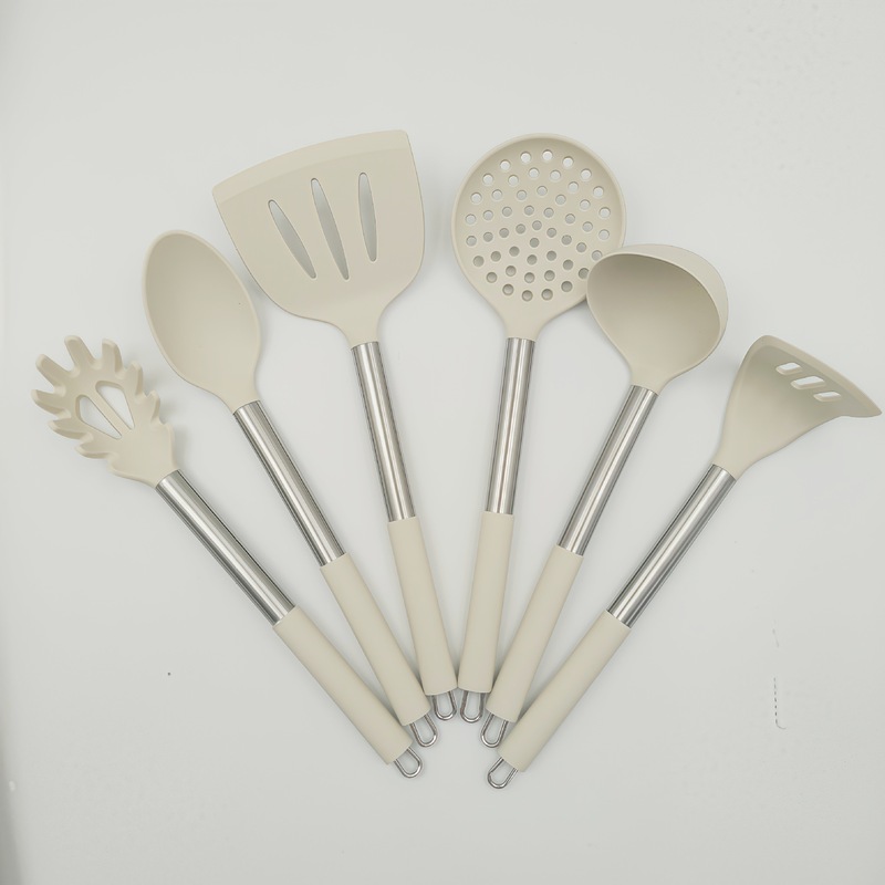 亚马逊米白色不锈钢柄硅胶厨具不粘锅烹饪铲子锅铲组合套装高颜值|undefined