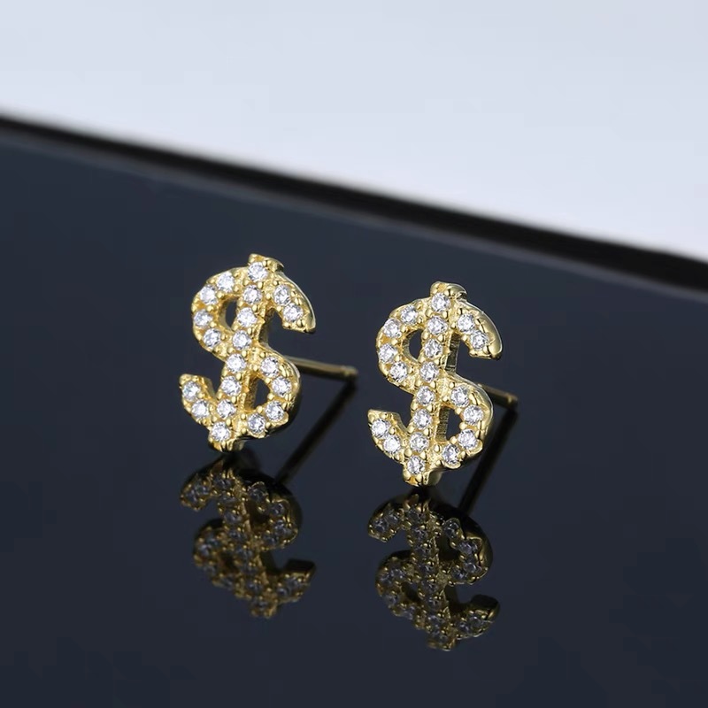 Nuovi orecchini a forma di simbolo del dollaro per uomo, zirconi di alta qualità intarsiati, super lucidi, stile hip-hop europeo e americano_voghion.com