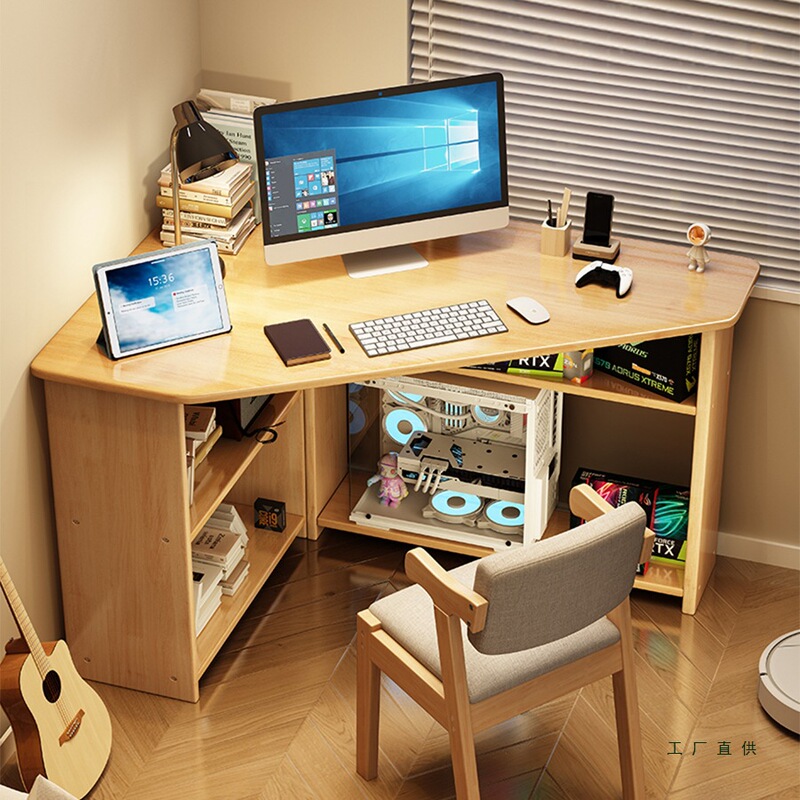 All Solid Wood Corner Desk Bedroom Corner Student Writing Desk Home Bookcase Integrated Wall-Mounted Triangular Computer Desk