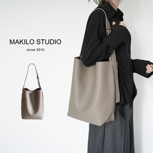 MAKILO Solid Color Simple Litchi Pattern Bucket Bag Lazy Style Casual Tote Bag Large Capacity Computer Crossbody Bag