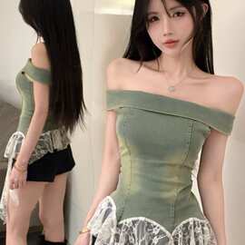 2025巨美 美式复古做旧蕾丝牛仔抹胸背心秋季小众性感一字肩上衣
