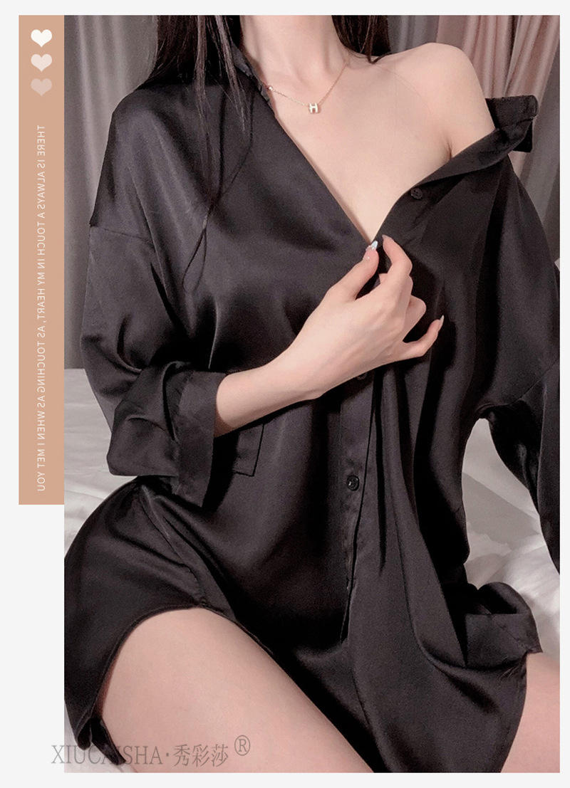 Boyfriend-Style White Shirt Nightgown, Loose Long-Sleeve Polyester Sleepwear, One Size — detail image 9