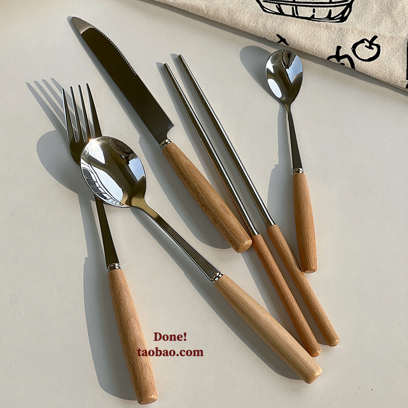 Korean style simple ins style wooden handle chopsticks spoon wholesale stainless steel high-value portable wooden tableware three-piece set