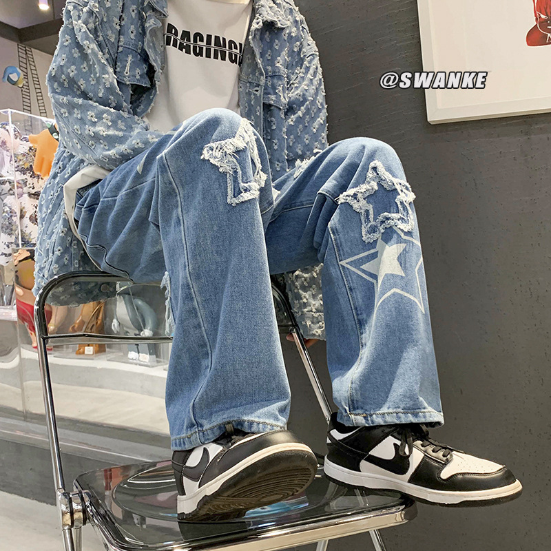 Embroidered Jeans Men's Winter ins High Street Loose Five-pointed Star Daddy Pants Autumn and Winter Trendy Brand Straight Leg Wide-leg Pants