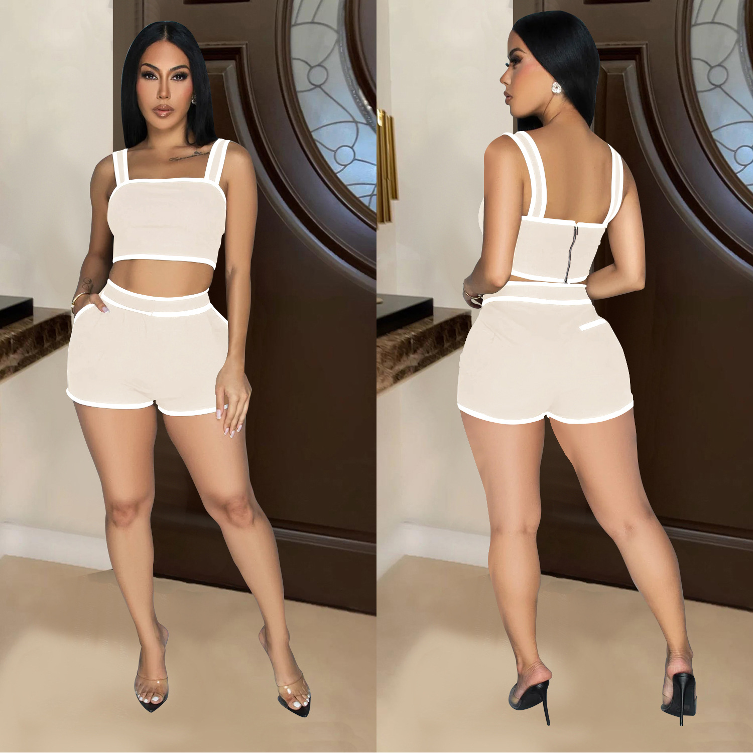 C6966 Aliexpress transfronterizo Amazon estación independiente de moda europea y americana ropa de mujer de color sólido pantalones cortos de dos piezas mujeres
