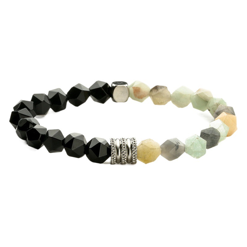 Ágata negra transfronteriza Ojo de Tigre Amarillo Blanco turquesa mapa piedra corte ángulo negro simple pulsera de cuentas de acero inoxidable para hombres