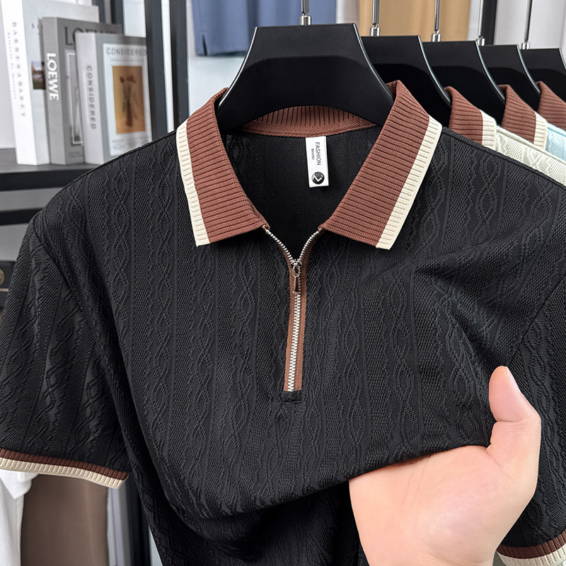[911 #] nuevo color de verano de manga corta de media manga ligera Jacquard cremallera camiseta de hombre polo image 3