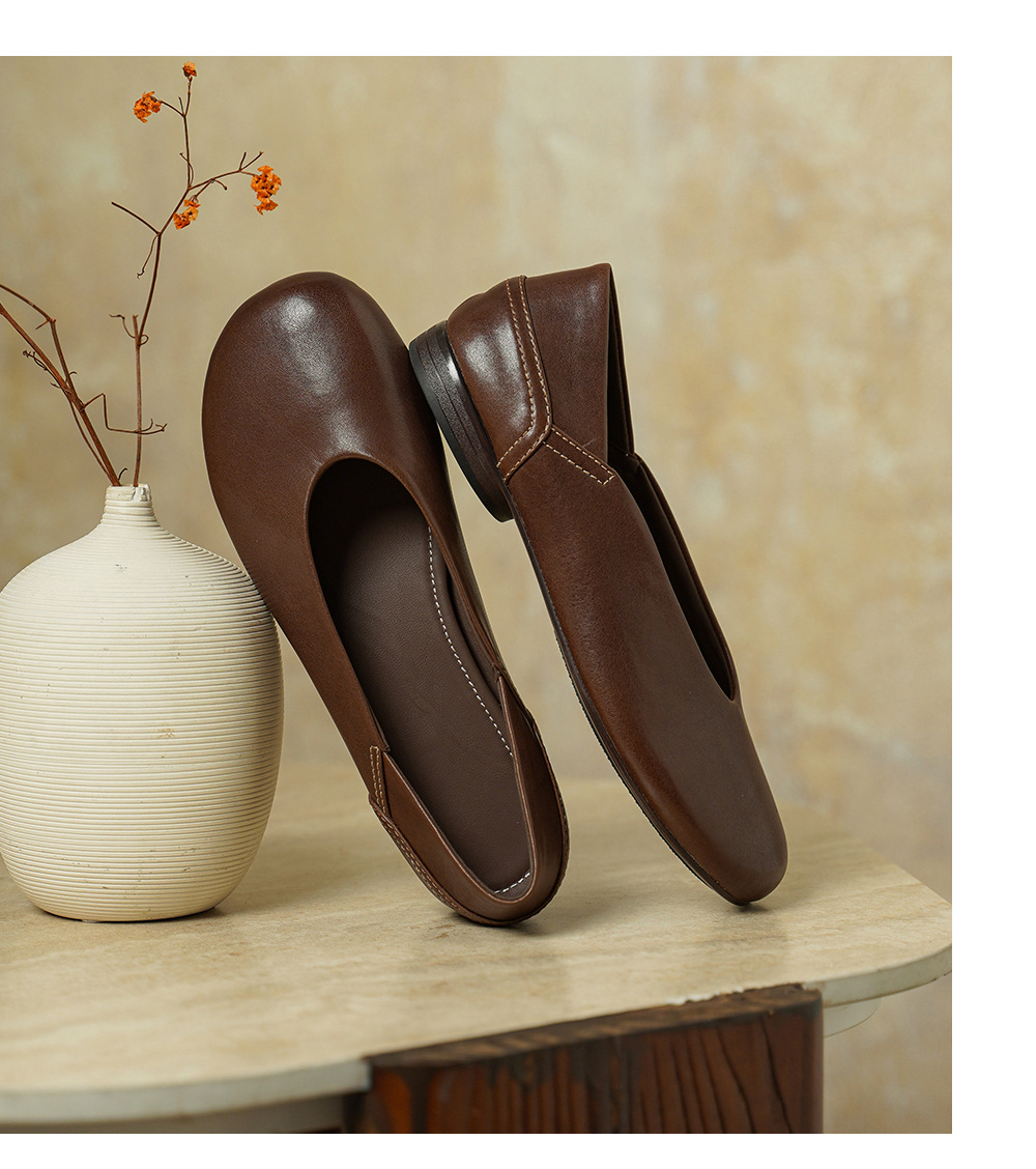 Giày lười nữ da bò mũi tròn đế bệt phong cách bà ngoại — màu nâu chi tiết 19