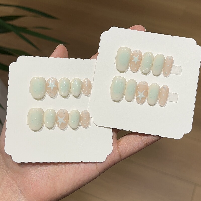 Yizhigu [Mint Morandi] Fresh and Simple Hand-painted White Polka Dots, Milk Mist Blue Gradient Stars, Handmade Wearable Nails