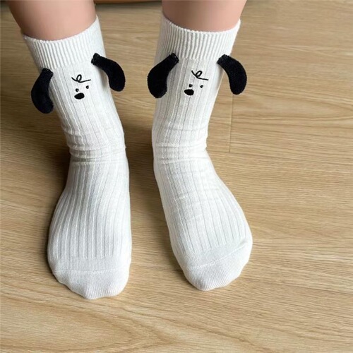 Super cute cartoon socks ins trendy versatile niche three-dimensional ears black and white puppy cotton socks white socks mid-calf women's socks