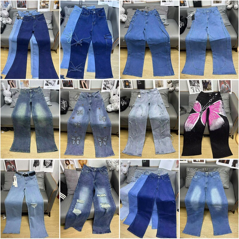 Women's Denim Pants with Pocket Straight-Leg Design, Stretchy Wide-Leg Pants High Quality Women's Jeans