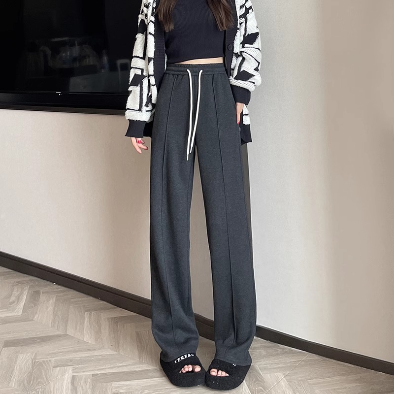 Pantalones de lana gris oscuro de piernas estrechas de mujeres otoño y invierno 2024 pantalones de cintura alta con patrón de herringbone de moda versátil pantalones rectos