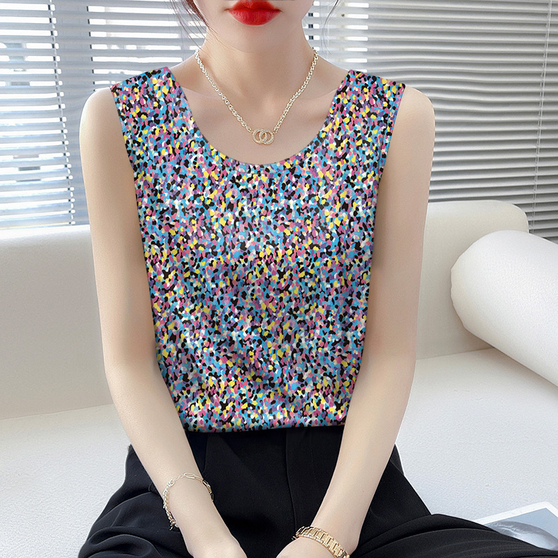 Summer Ice Silk Colorful Floral Vest for Women, Middle-Aged Mom, Round Neck, Thin Printed Sleeveless Top, Loose Plus Size