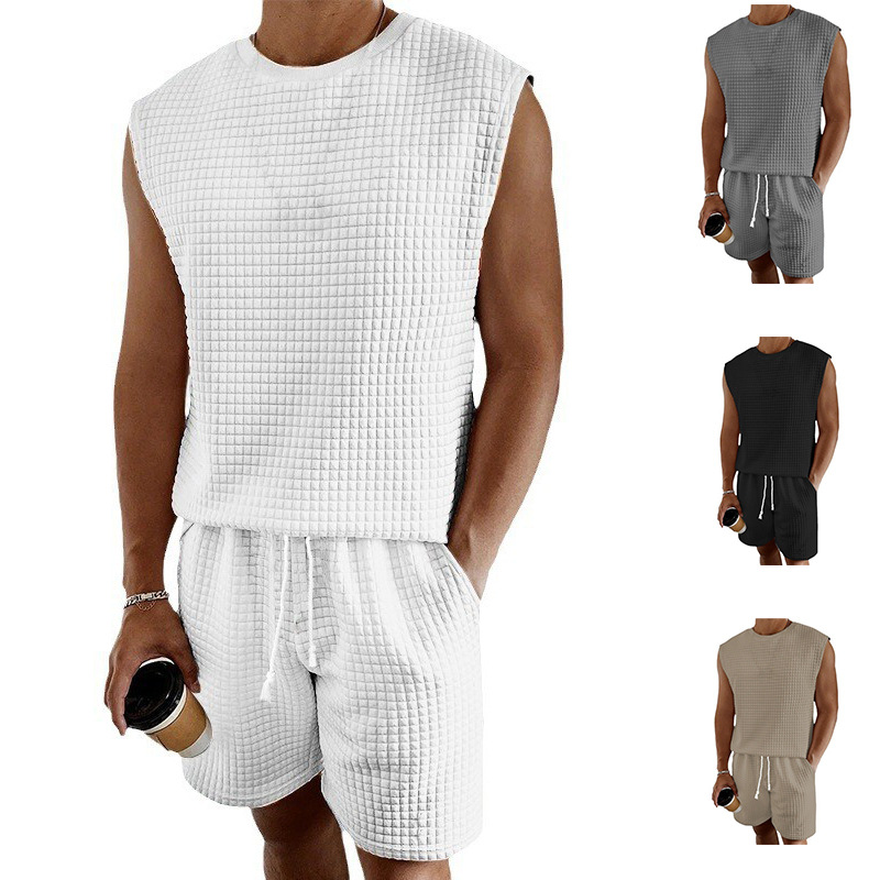 Men's Sports Suit For Summer Leisure Small Checkered Sleeveless Vest And Shorts Set New_voghion.com