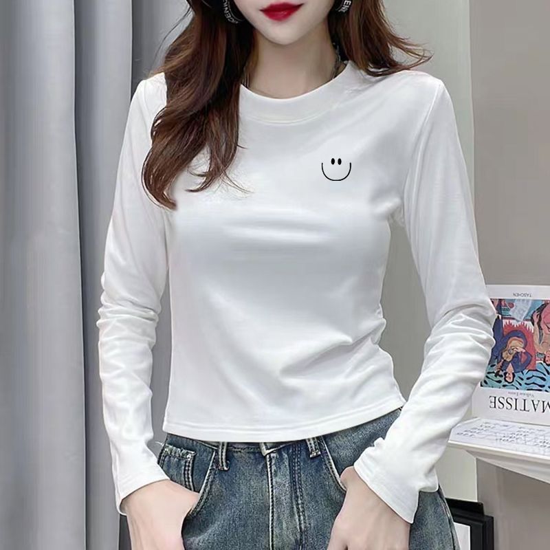 2025新款秋冬正肩短款白色打底衫女内搭修身洋气加绒长袖T恤上衣|undefined