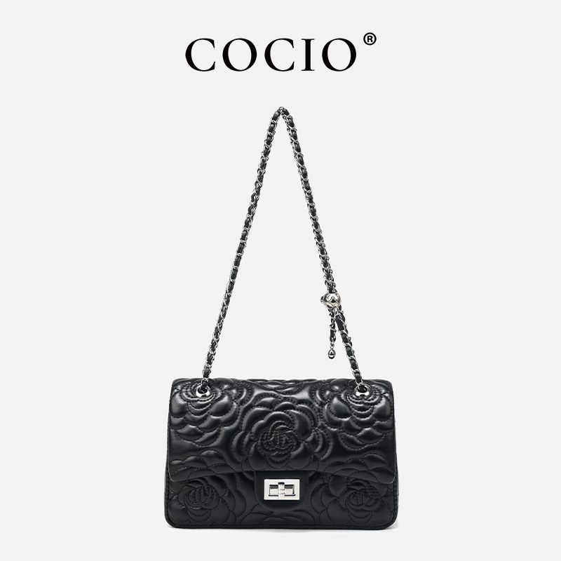 Túi đeo chéo nữ dây xích họa tiết caro phối thời trang CF-255 — Hoa trà màu đen, Màu trắng