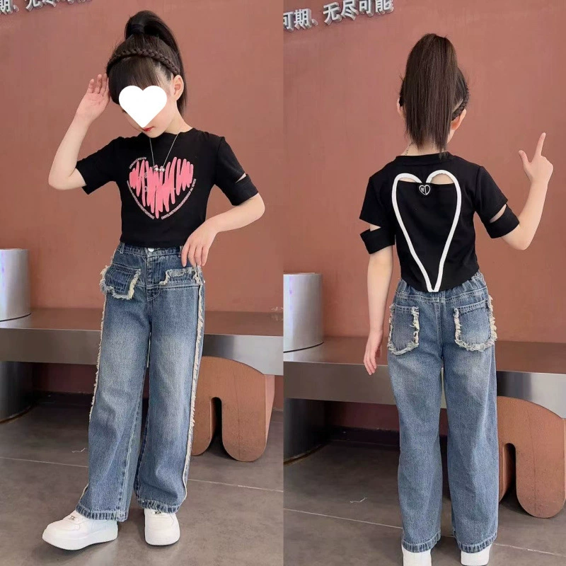 Летний комплект для девочек 2025: стильные джинсовые широкие брюки и топ, набор для детей постарше
