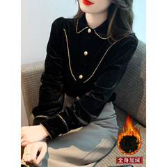 金丝绒女士衬衫秋冬季法式复古衬衣火设计感泡泡袖短款上衣