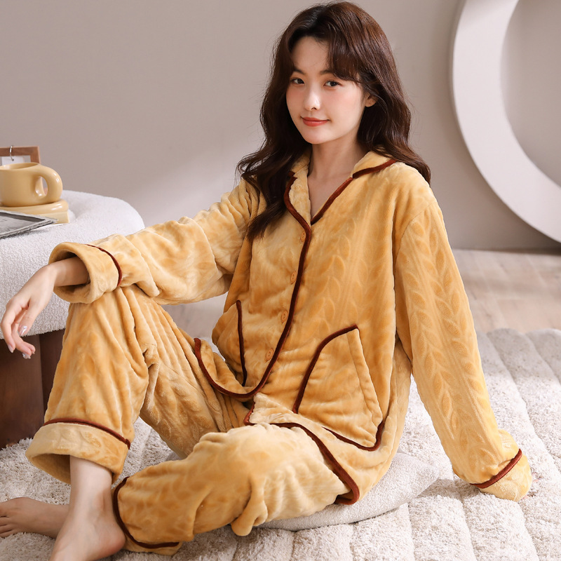 (2개) 여성을위한 산호 벨벳 잠옷 가을, 겨울 두꺼운 플러스 벨벳 플란넬 젊은 어머니 플러스 사이즈 홈웨어 세트