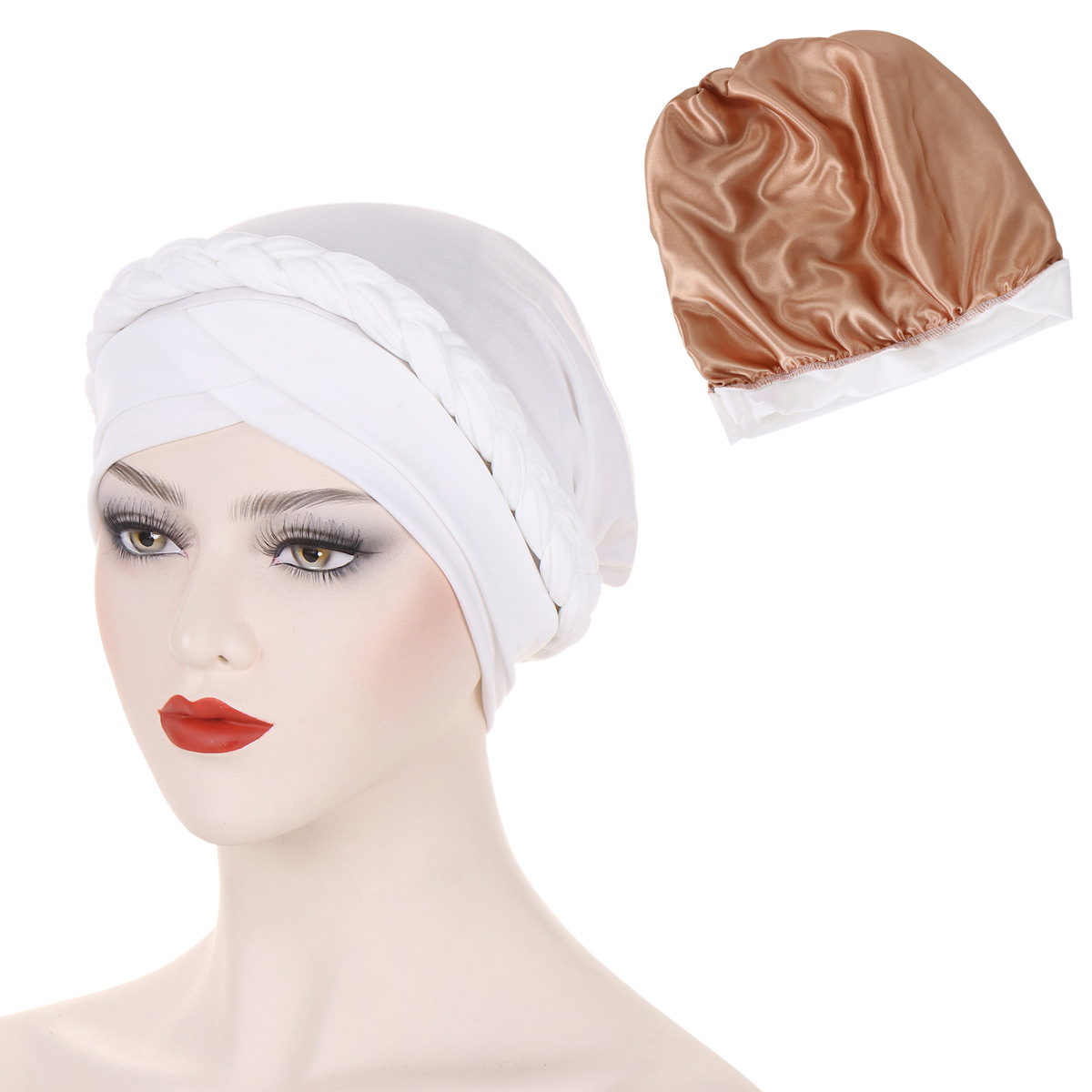 cappello turbante intrecciato foderato in raso tinta unita sulla fronte da donna doppia croce cappello pullover musulmano in stock_voghion.com