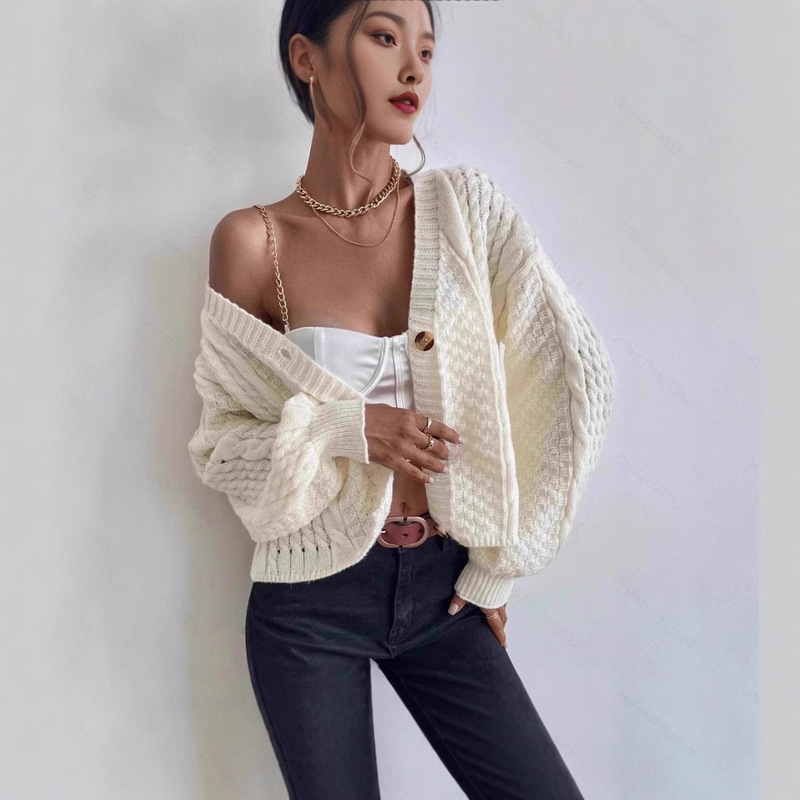 Cross-Border Clearance Export V-Neck Single-Breasted Sweater Coat European and American Knitted Cardigan Vintage Women's Autumn and Winter Top