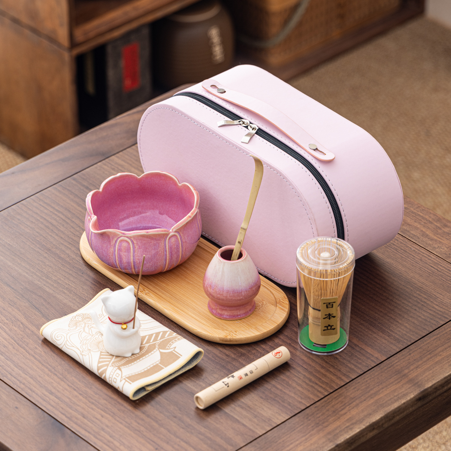 Cuenco de matcha corrugado caja de cuero set adorable gatito Xiangdao ocho piezas set punto té 100 tazas de té