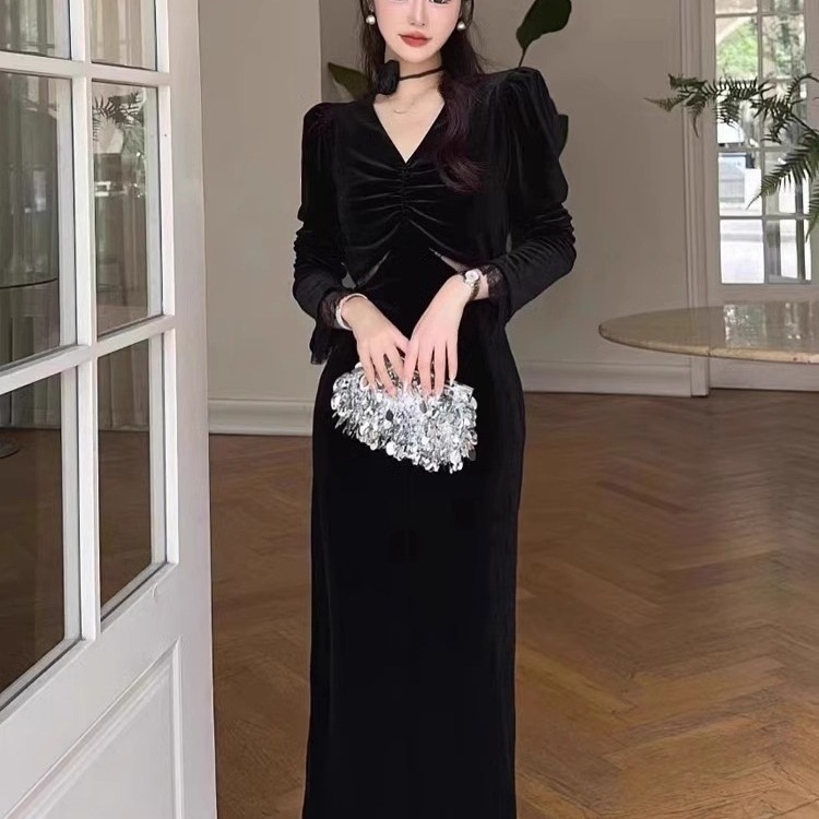欧美跨境外贸黑色长袖金丝绒连衣裙女v领网纱露腰包臀开叉中长裙|undefined