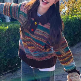复古彩色条纹方领翻领针织毛衣2026年秋冬季女宽松针织衫撞色上衣