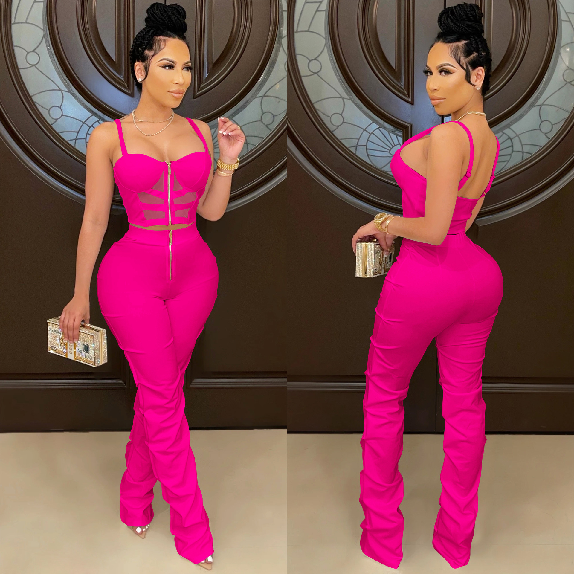 X5215 AliExpress Amazon Ebay color sólido sexy camisola de las mujeres envuelto pecho cremallera chaleco pantalones de dos piezas conjunto