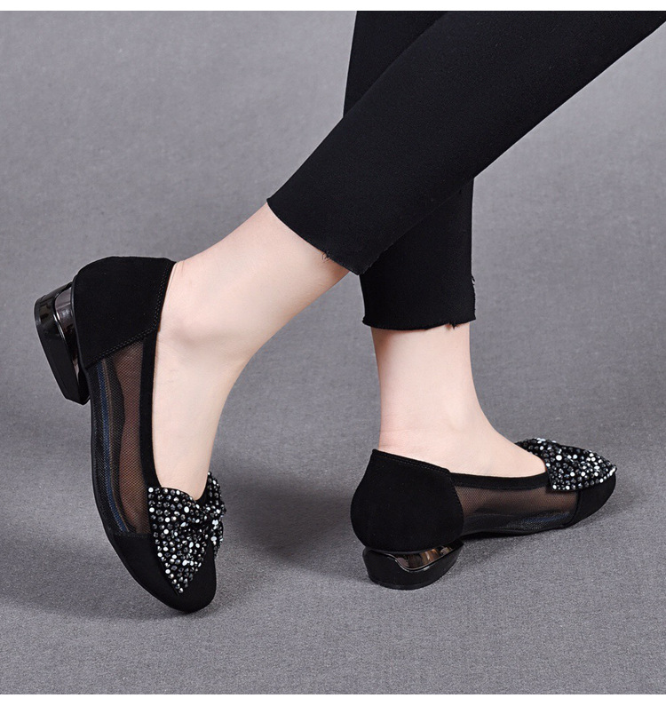 Sandal nữ đế bệt da thật mũi tròn gót vuông quai chữ V nơ bướm thoáng khí — Màu đen chi tiết 12