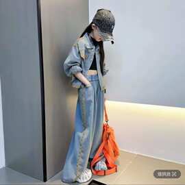 女童春秋牛仔套装2026新款儿童韩版时髦女孩洋气外套阔腿裤两件套