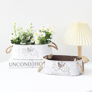 Vintage Tin Flower Pot American Style Wind Hemp Rope Flower Pot Iron Metal Pot Fleshy Green Planting Oval Flower Pot Storage Box