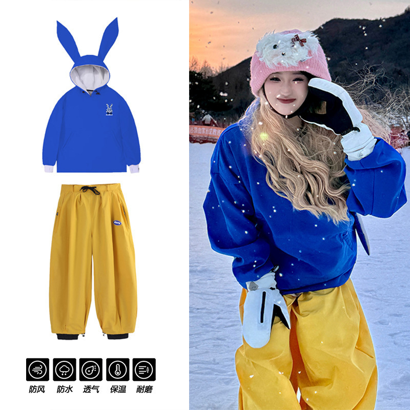 Ski Suit Waterproof Pants Ski Suit Equipment Snowboard Suit Thickened Suit Rabbit Ears Multi-Color Men's and Women's Ski Suit
