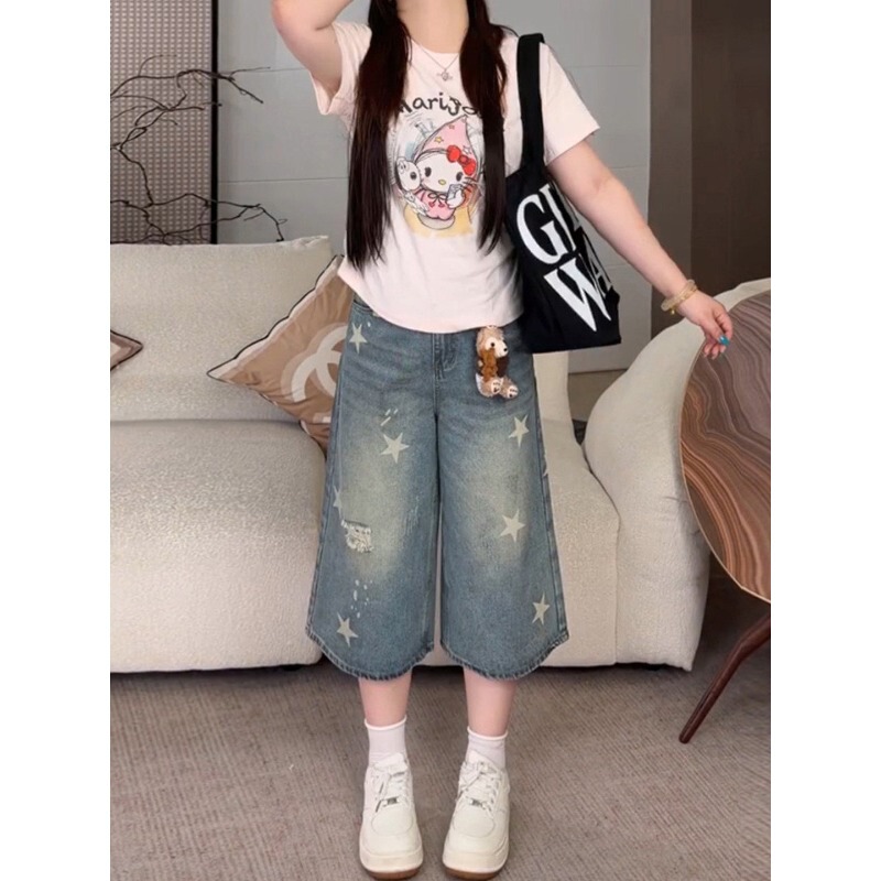 Plus-size vintage star-print denim cropped pants for women, new autumn and winter style, loose straight wide-leg 7-point pants for plus-size women Plus-size vintage star-print denim cropped pants for women, new autumn and winter style, loose straight wide-leg 7-point pants for plus-size women