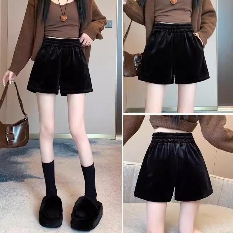 Black Wide Leg Shorts Women's 2024 Autumn and Winter New High Waist Slimming Golden Velvet Loose Hip Casual Short Pants
