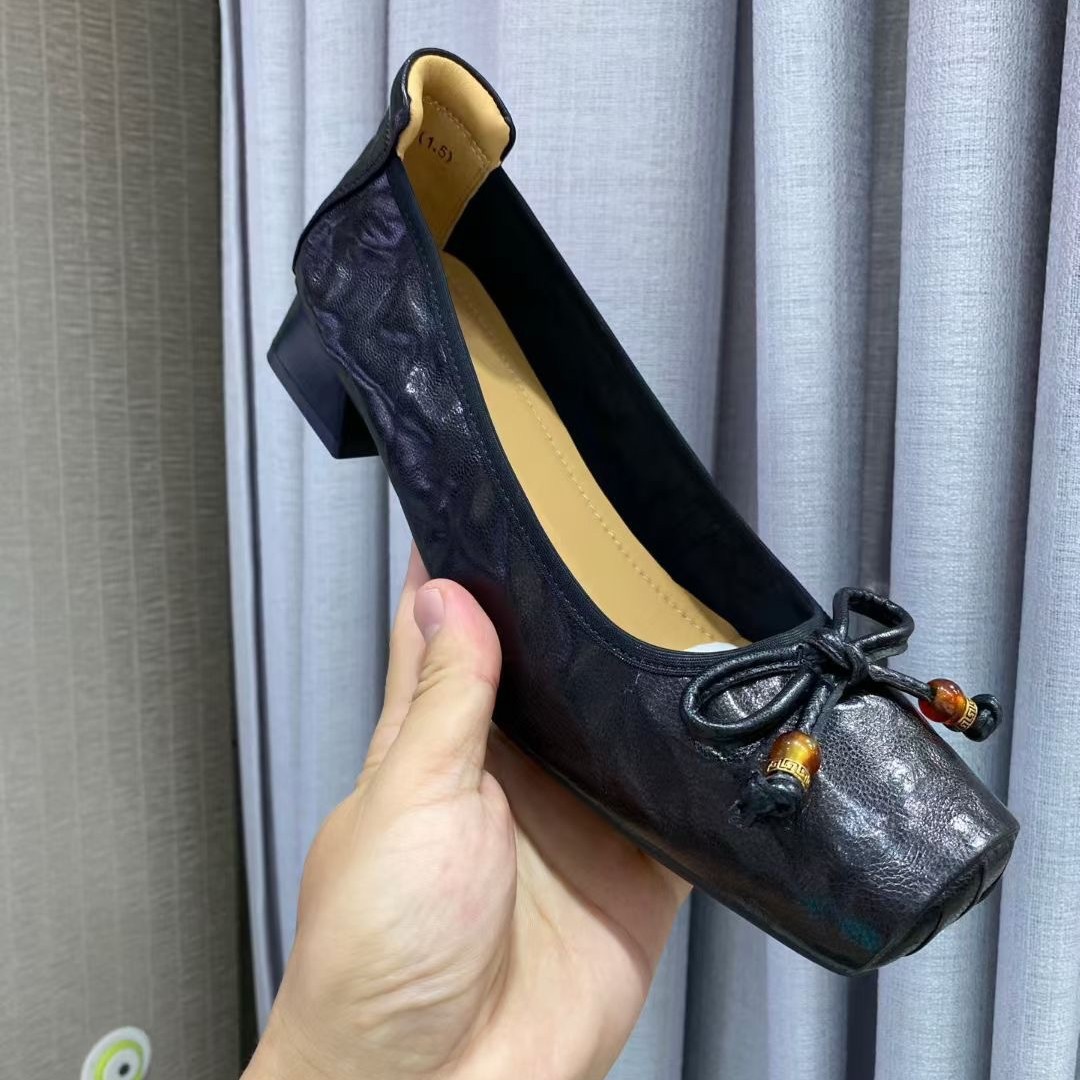Giày ballet nữ mũi tròn đế bệt nơ da thật mềm mại — đen, rượu vang đỏ, nâu