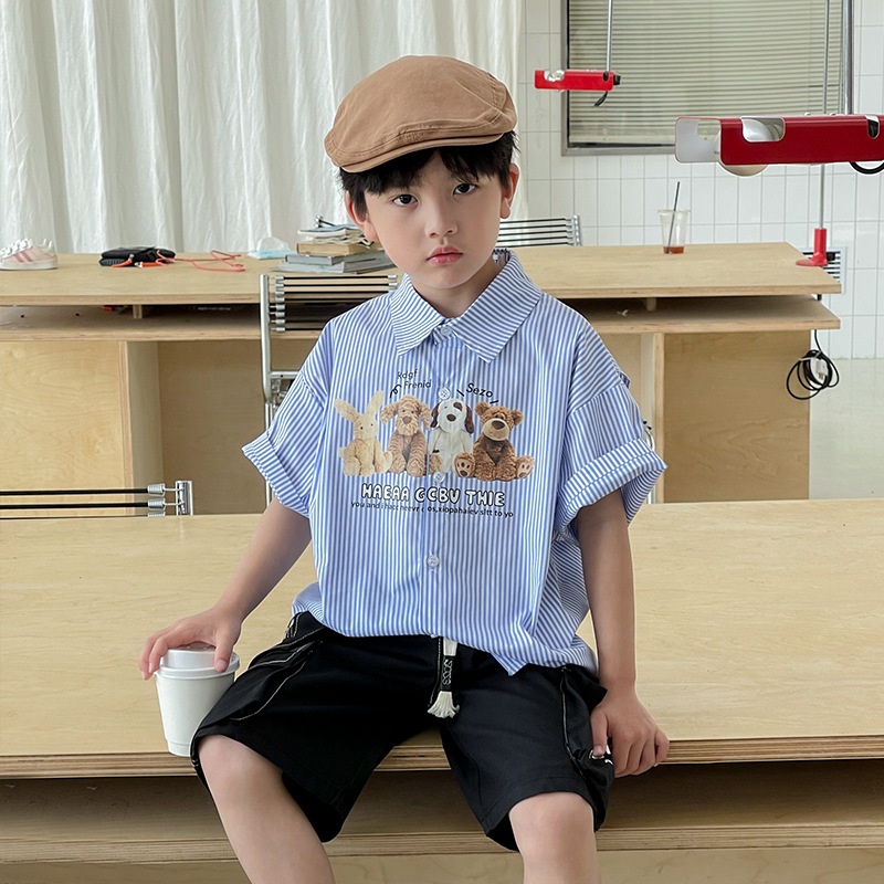 Ropa de verano para niños de estilo coreano Chaqueta de punto a rayas de moda camisa de manga corta casual para niños de moda Mori camiseta para niños