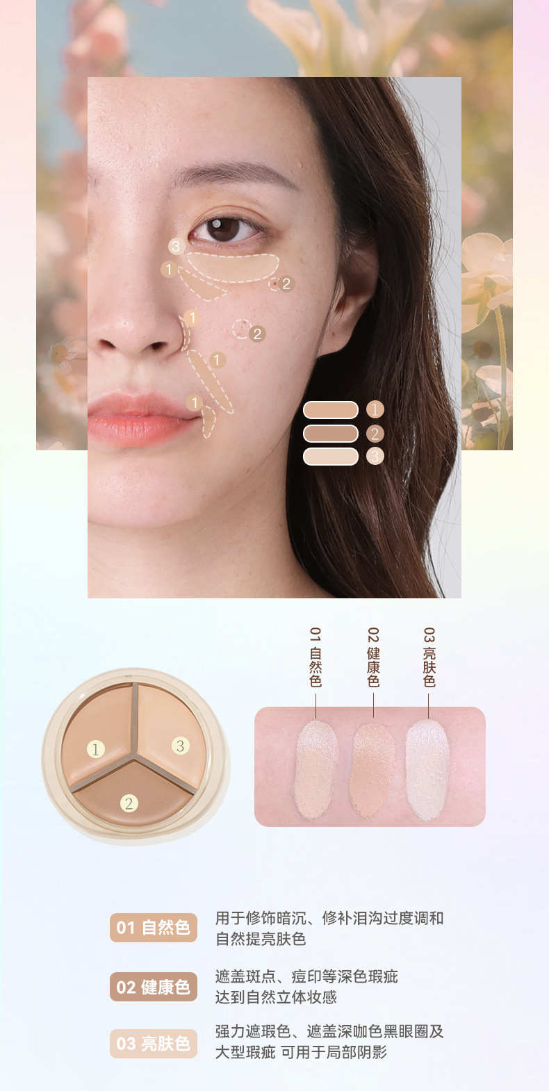 novo Pure and Light Three-Color Concealer Hydrates and moisturizes without powder clog, covering acne marks, spots and tear troughs. Concealer palette undefined