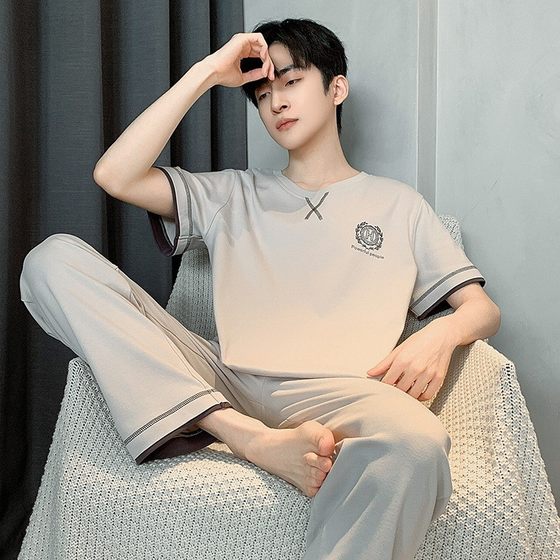 Pajamas men's summer cotton thin short sleeve trousers suit men's casual plus size can be worn outside home clothes manufacturers wholesale