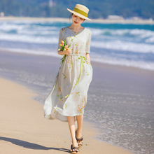 2024夏季新款原创中国风复古高端苎麻印花连衣裙短袖系带文艺女装