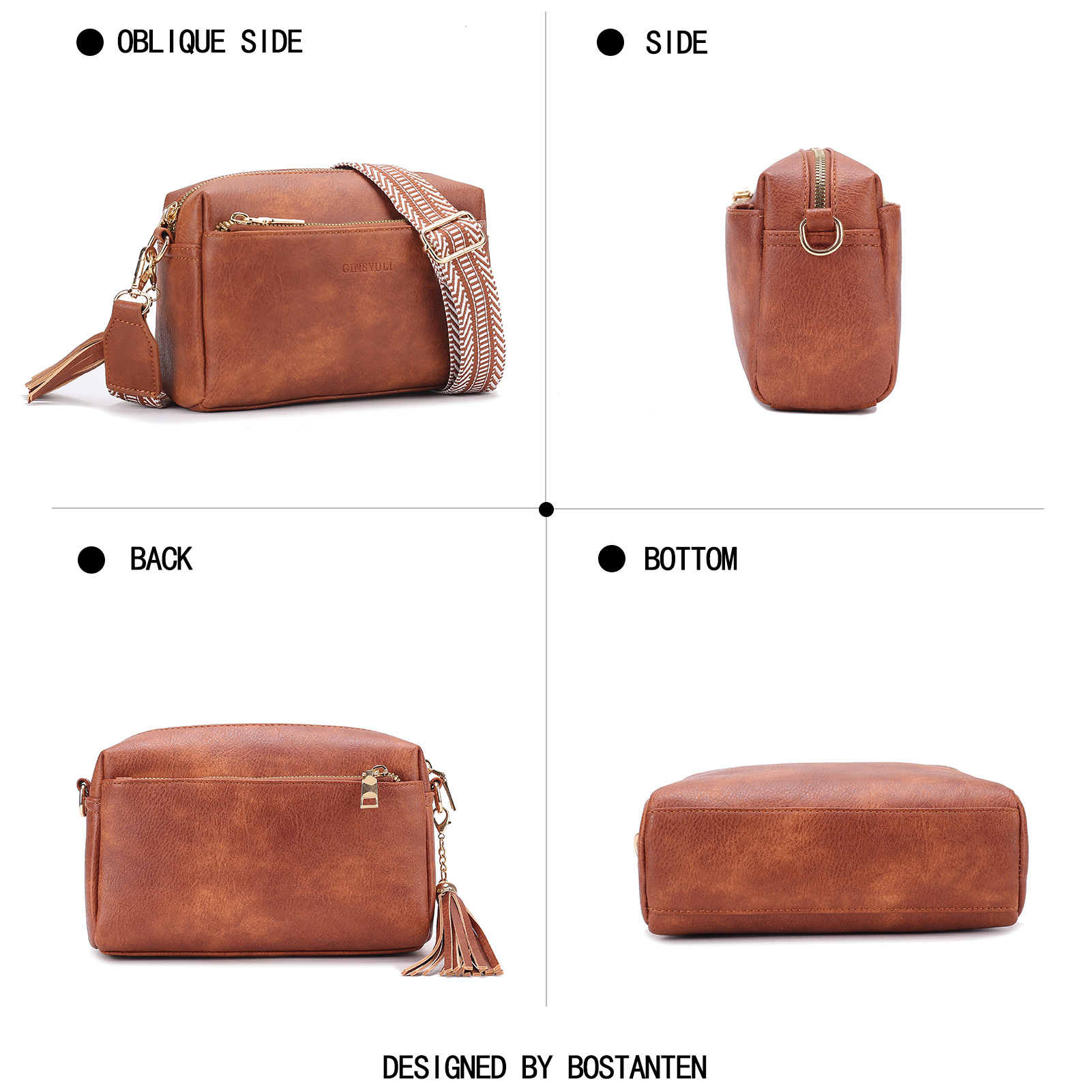 New Women's Crossbody Three Zipper Mobile Phone Leather Handbag Guitar Strap Shoulder Bag_voghion.com