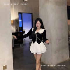 学院风娃娃领蕾丝拼接上衣蛋糕裙两件套女秋季小个子纯欲减龄套装