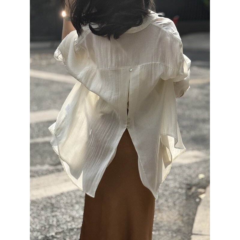 Back-Slit Tencel Shirt for Women, Summer Thin Design, Niche Outerwear, Loose Sun-Protective Jacket