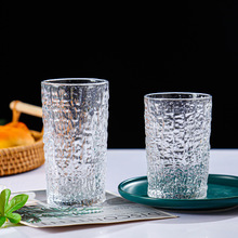 日式浮雕树纹玻璃水杯 ins透明锤纹洋酒杯啤酒杯家用大容量果汁杯