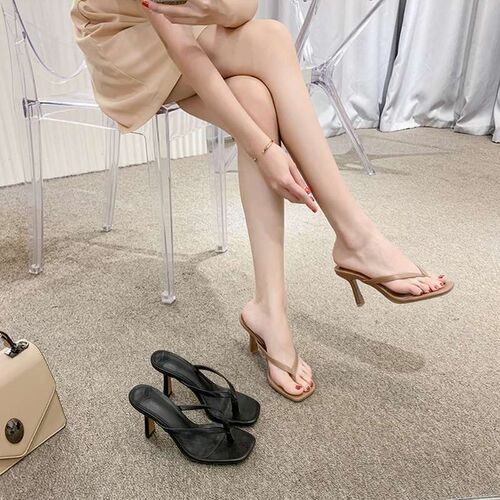 Women's 2025 Summer Off-White Laced Square Head Fashionable Versatile Casual Slip-On Low Heel Slim Heel Cooling Slippers