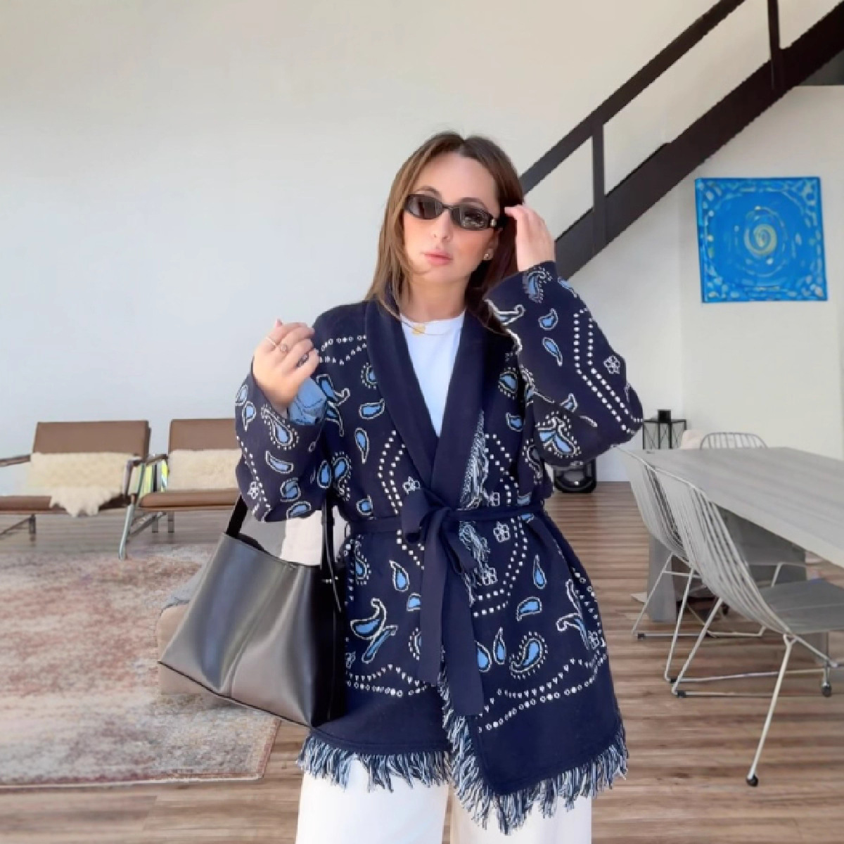 欧美2025秋冬新款外贸女装速卖通流苏绑带时尚毛衣显瘦女开衫外套