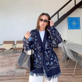 欧美2025秋冬新款外贸女装速卖通流苏绑带时尚毛衣显瘦女开衫外套