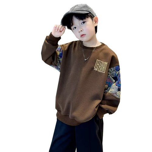 Children's clothing boys autumn crew neck sweatshirt with fleece for middle and large children, stylish boy streetwear winter top trendy