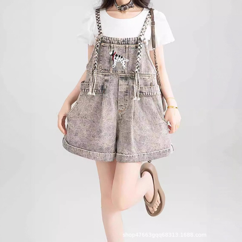 2025 New Style Women's Loose-Fitting Slimming Hong Kong Style Vintage Denim Overalls Wide-Leg Shorts Trendy 2025 New Style Women's Loose-Fitting Slimming Hong Kong Style Vintage Denim Overalls Wide-Leg Shorts Trendy