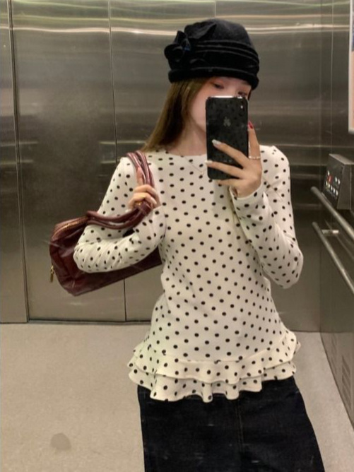 长袖t恤女2025新款秋季打底衫韩系穿搭设计感波点荷叶边白色上衣|undefined